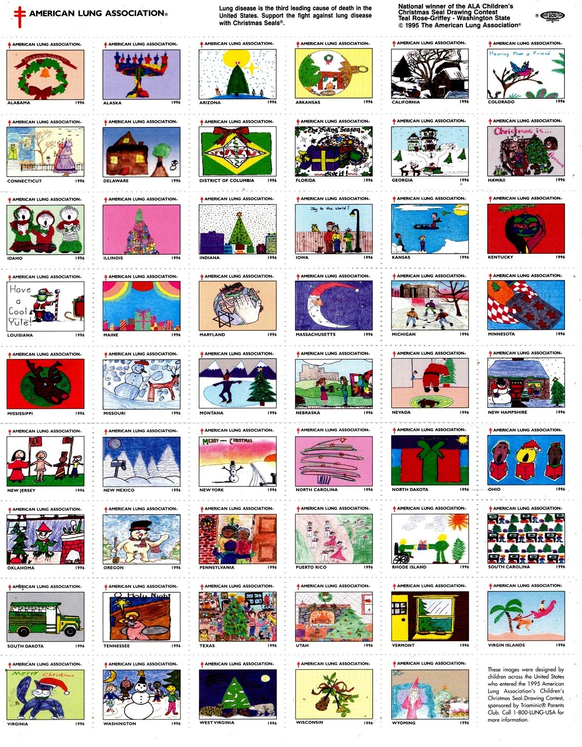 US Stamp Scott #WX327, Christmas Seals 1996, Full Sheet of 53 + Label, MNH