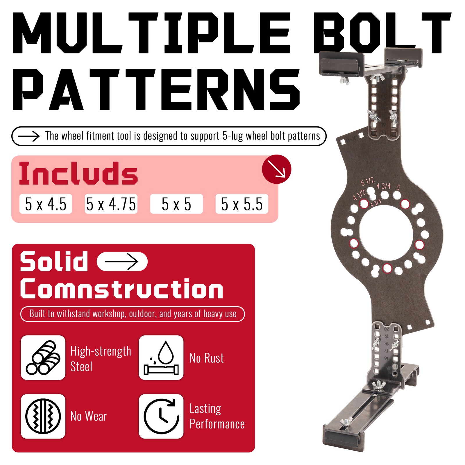 5-Lug Bolt Pattern Wheel Fitment Simulator Tool Tire/Rim Size Measuring Mockup