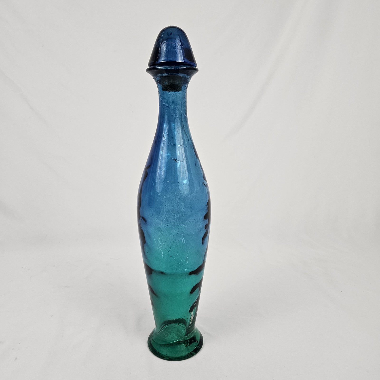 Vintage Blown Glass Decanter Genie Bottle 19” Tall W/ Stopper Blue Flash Pier 1