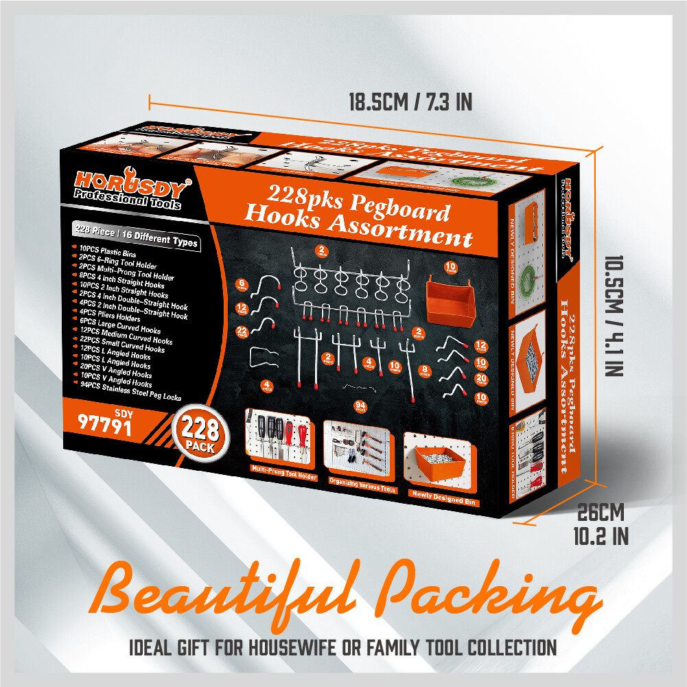 228 Piece Pegboard Hooks Assortment Accessories Bins Organizing Various Tools 5"