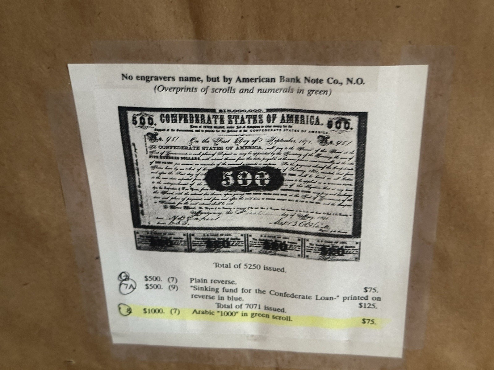 Framed CSA Confederate States of America $1000 Civil War Loan Bonds, 1861