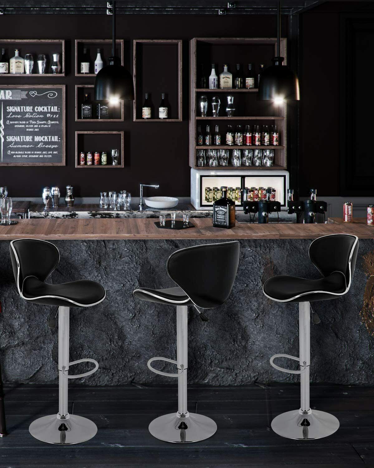 Set of 2 Bar Stools Black PU Leather Modern Hydraulic Swivel Dinning Chair