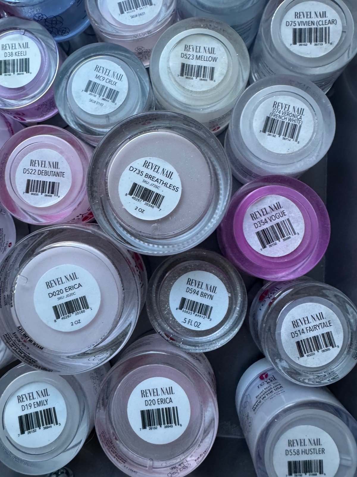 Revel Nail Dip Powders Over 70 .5 Assorted Jars Mostly Full.