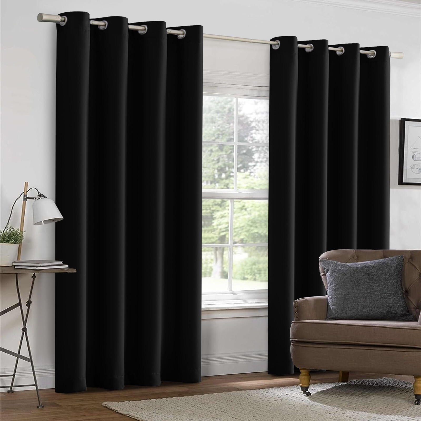 Pair of Blackout Curtains Eyelet Ring Top Ready Made Thick Thermal Curtain Set