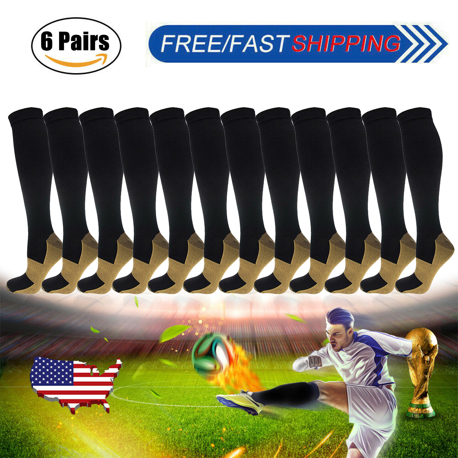 (6 Pairs) Copper Compression Socks 20-30mmHg Graduated Support Mens Womens S-XXL