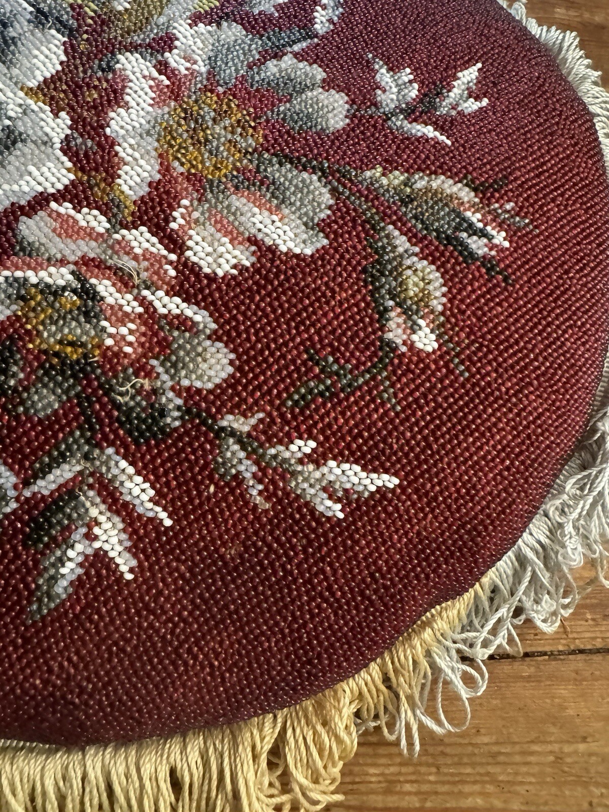 Victorian UK Embroidered & Beaded 13” Chair Seat Cushion w/ Purple Velvet Bottom