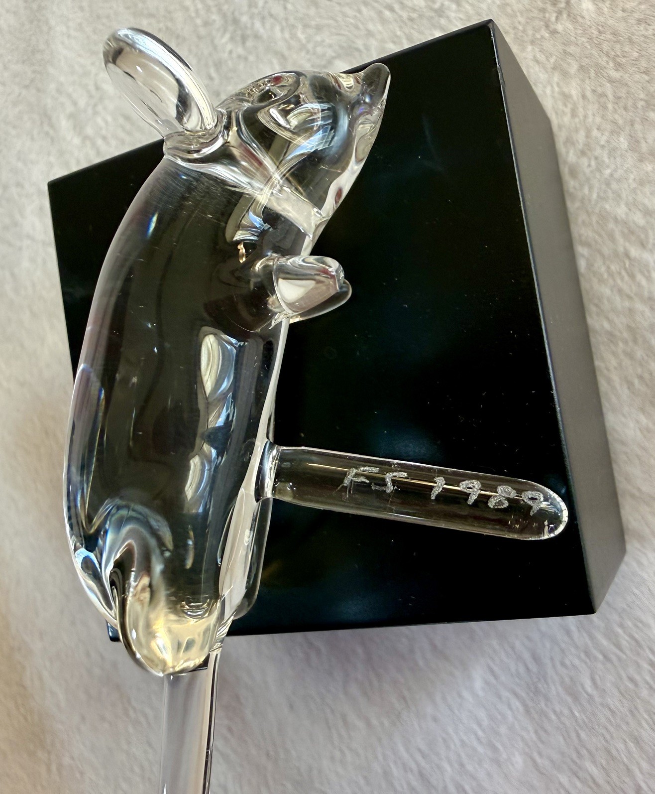 Frabel Glass Sculpture Mouse on Black Wood Base Signed 1989