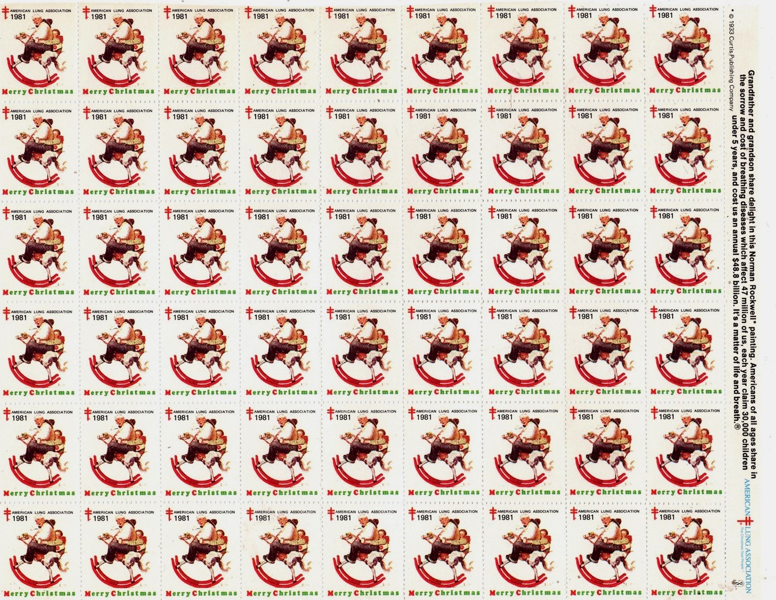 US Stamp Scott #WX271, Christmas Seals 1981, Full Sheet of 54, MNH