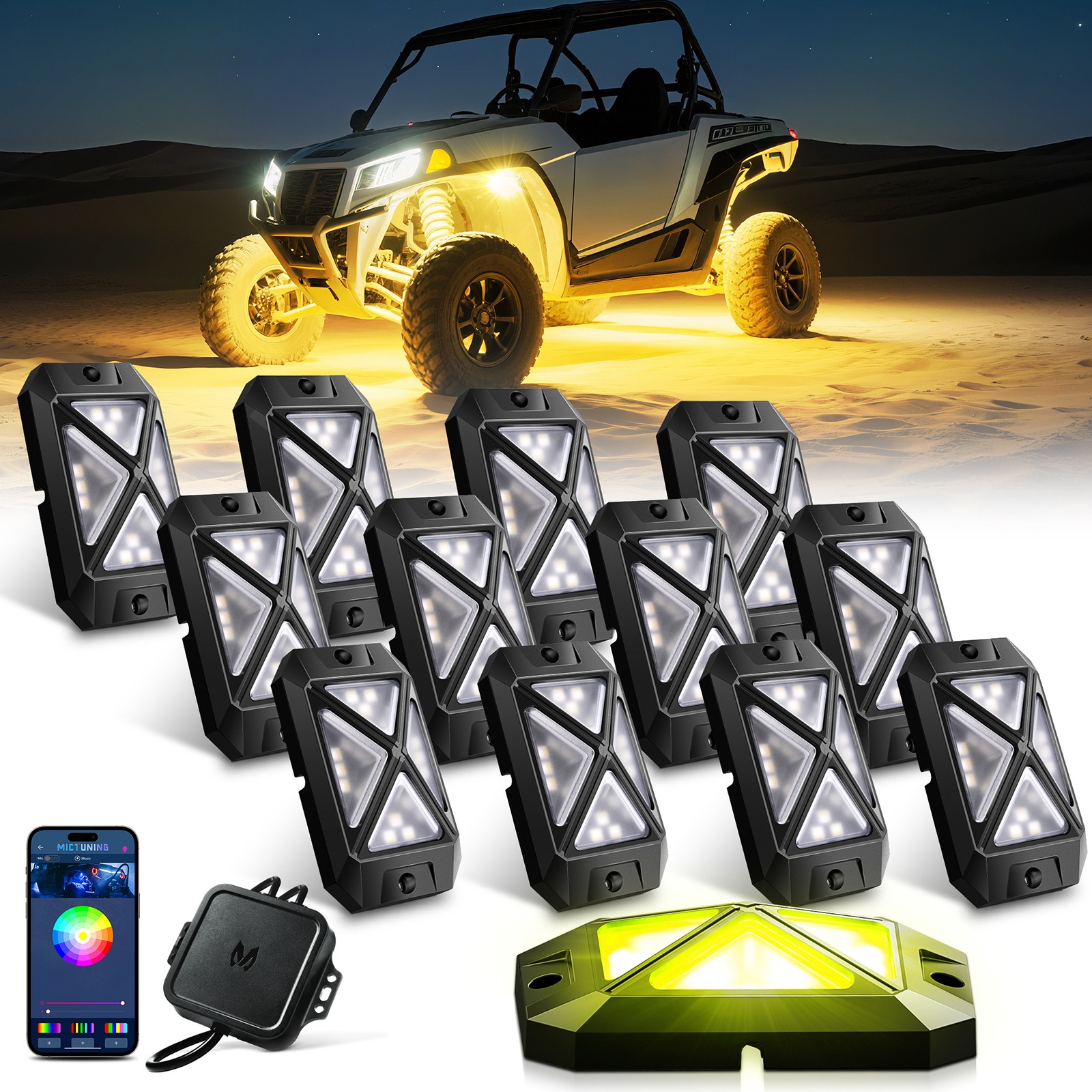 MICTUNING C4 RGBW LED Rock Light,12-Pods Car Underglow Neon Accent Light LED Kit