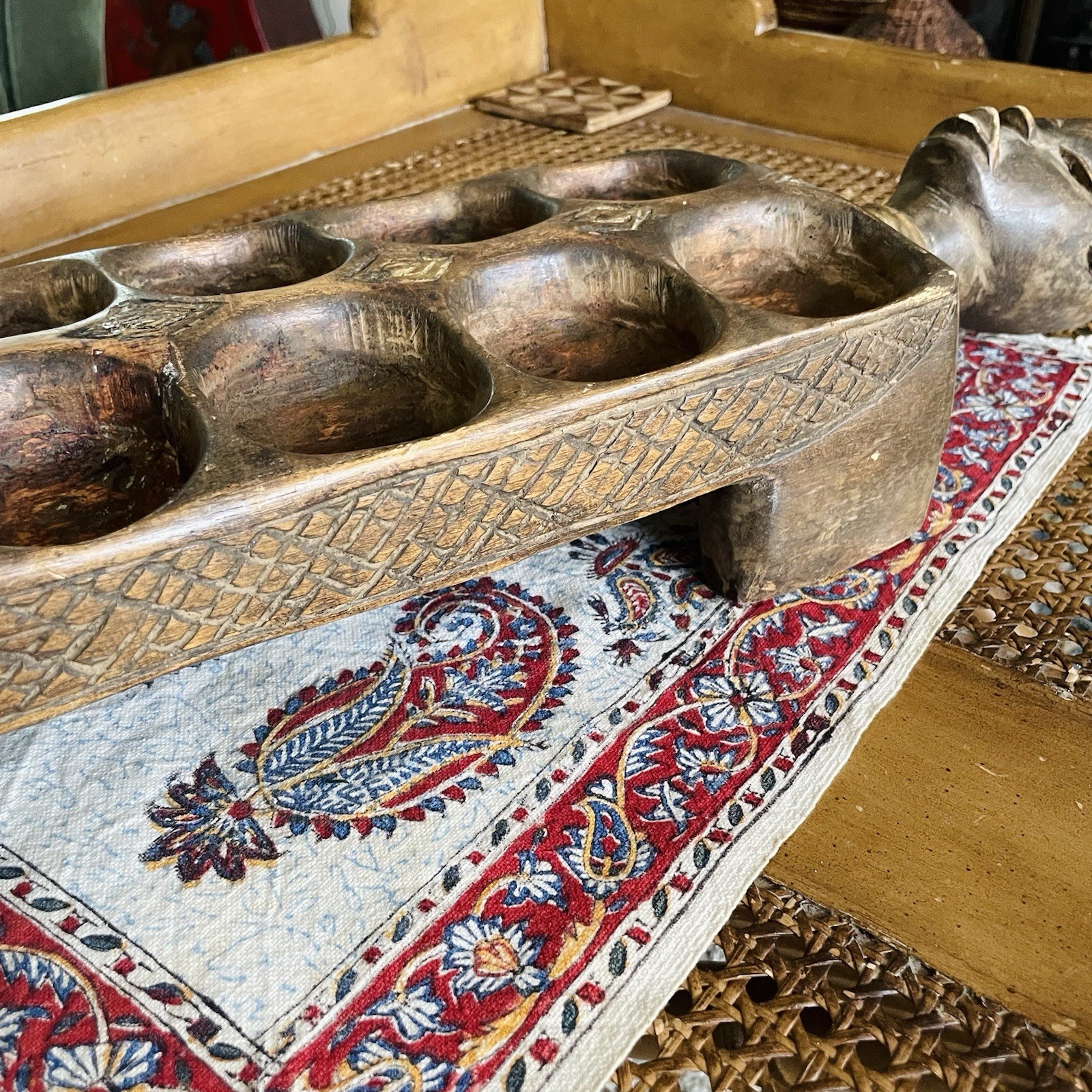 Antique Hand Carved African Woman Man Figural Mancala Game Board Tribal Art