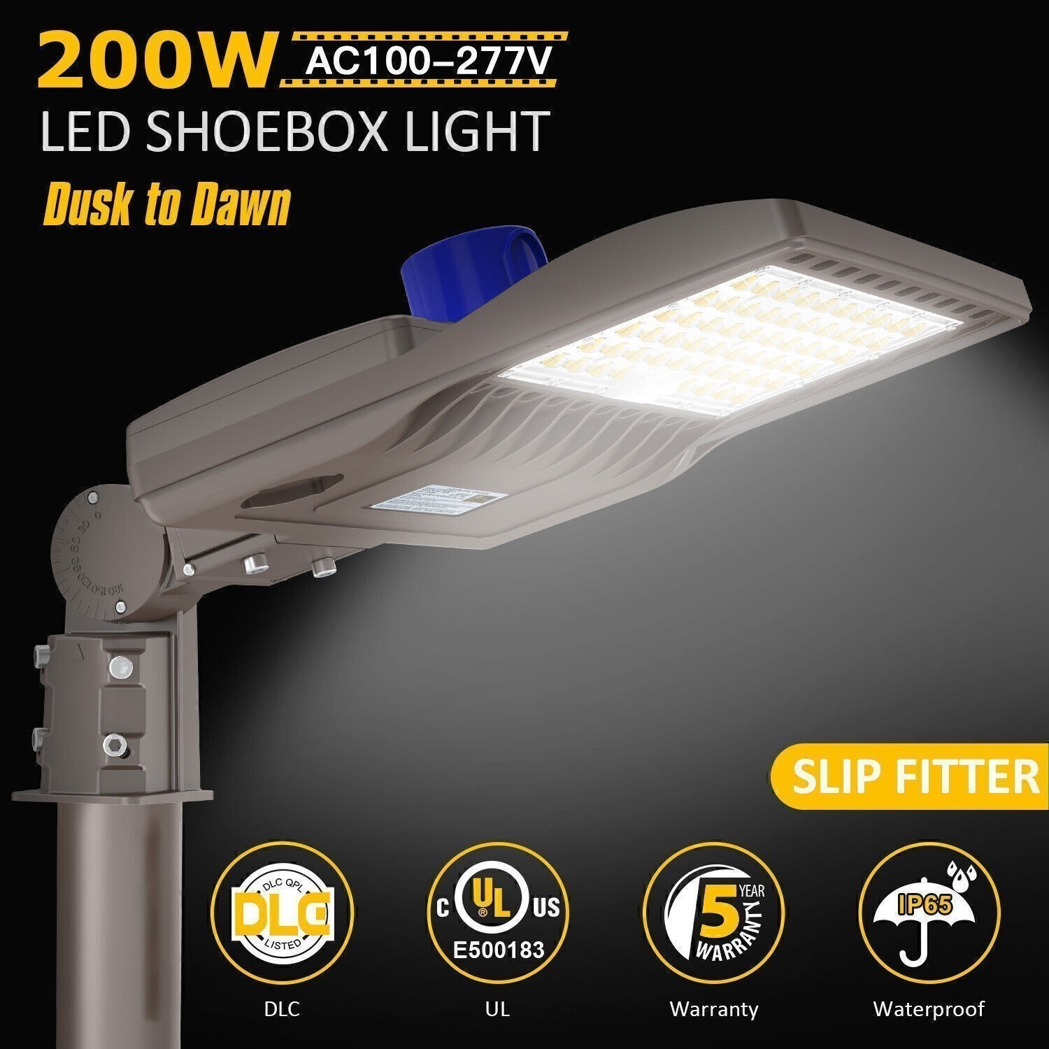 200W LED Shoebox Pole Light Outdoor Street Parking Lot Fixture with Photocell