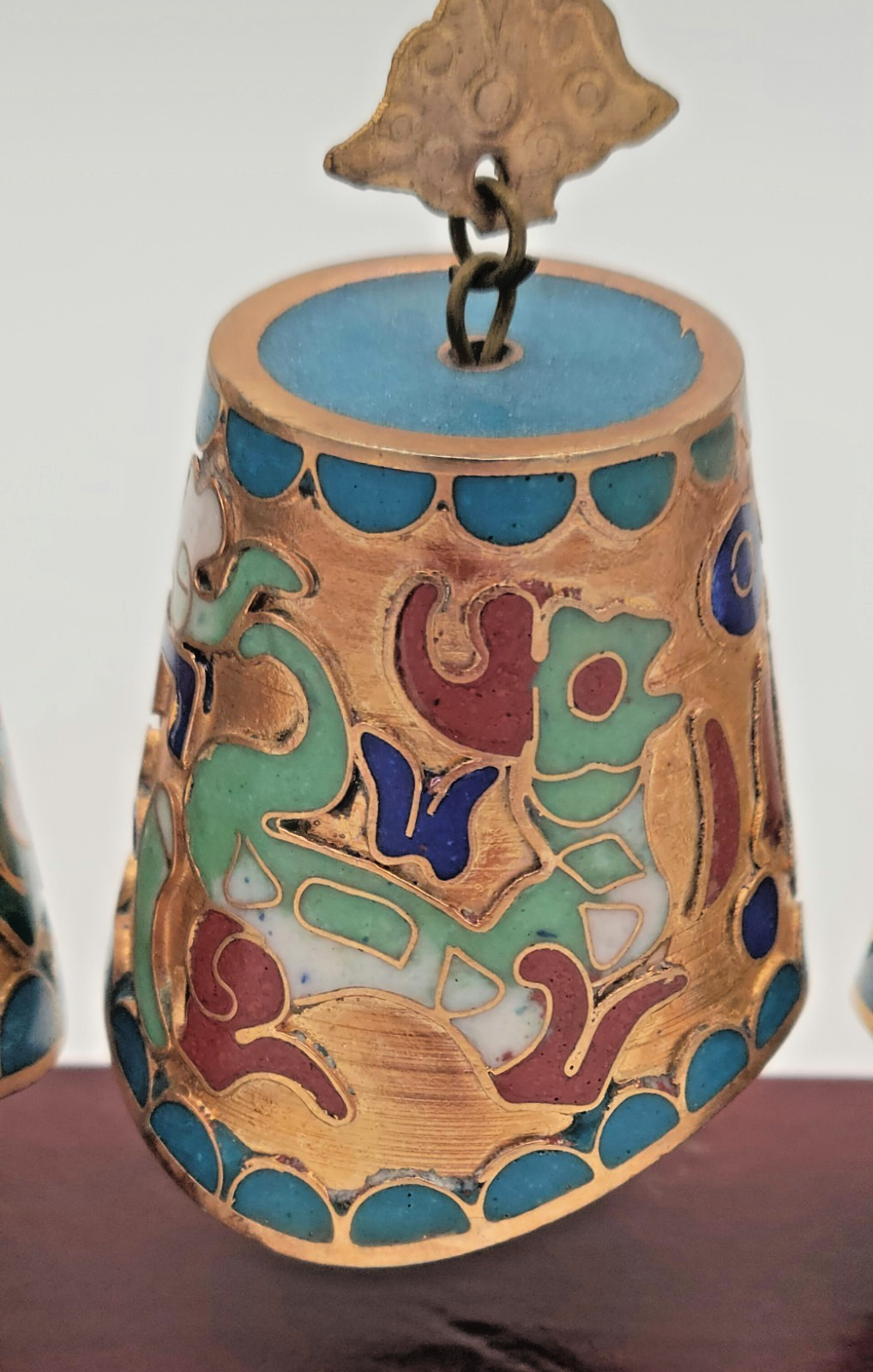 Chinese Cloisonne Graduated Musical Bell Set on Wood Carved Stand FREE SHIP