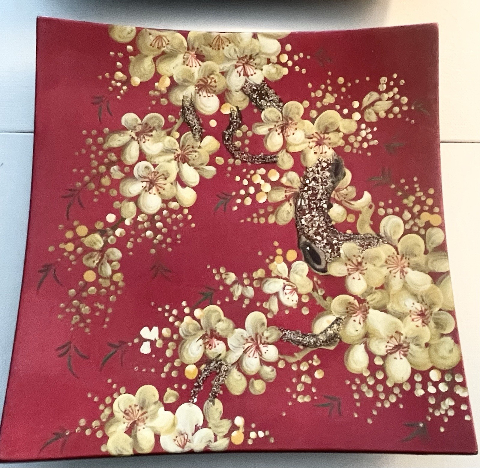 Japanese Lacquer Wall Plaques Cherry Blossoms Red Foil Set of 3