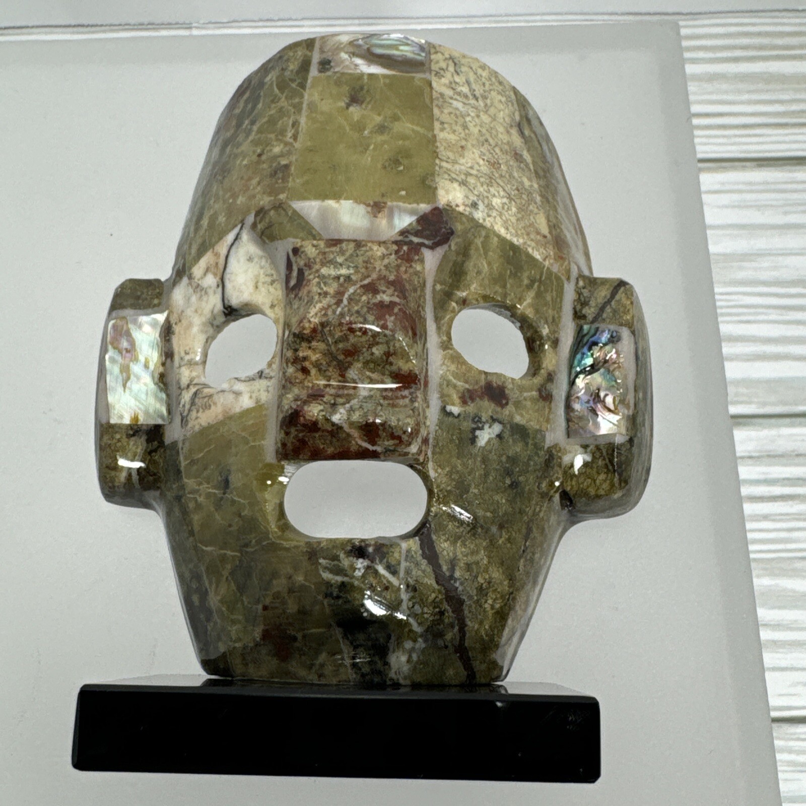 Mexican Mayan Tribal Burial Face Mask Green Stones Mixed Abalone Shell Onyx Base