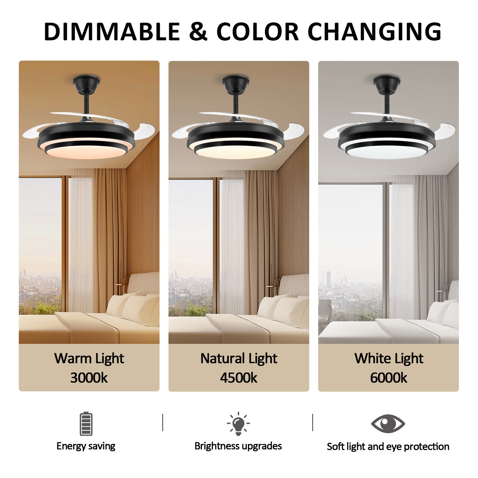 Retractable Ceiling Fan with Light, 42 Inch Fandelier, 6 Speed Reversible Motor