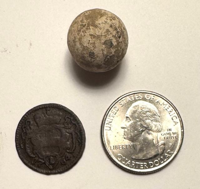 1764 Colonial Coin & Musket Ball dug Next to the Saratoga Battlefield NY