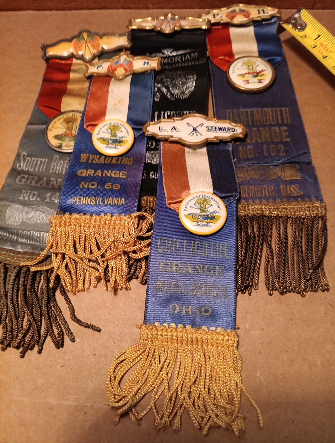 5 Original Patrons Of Husbandry Ribbons Various City's. All Complete Medals