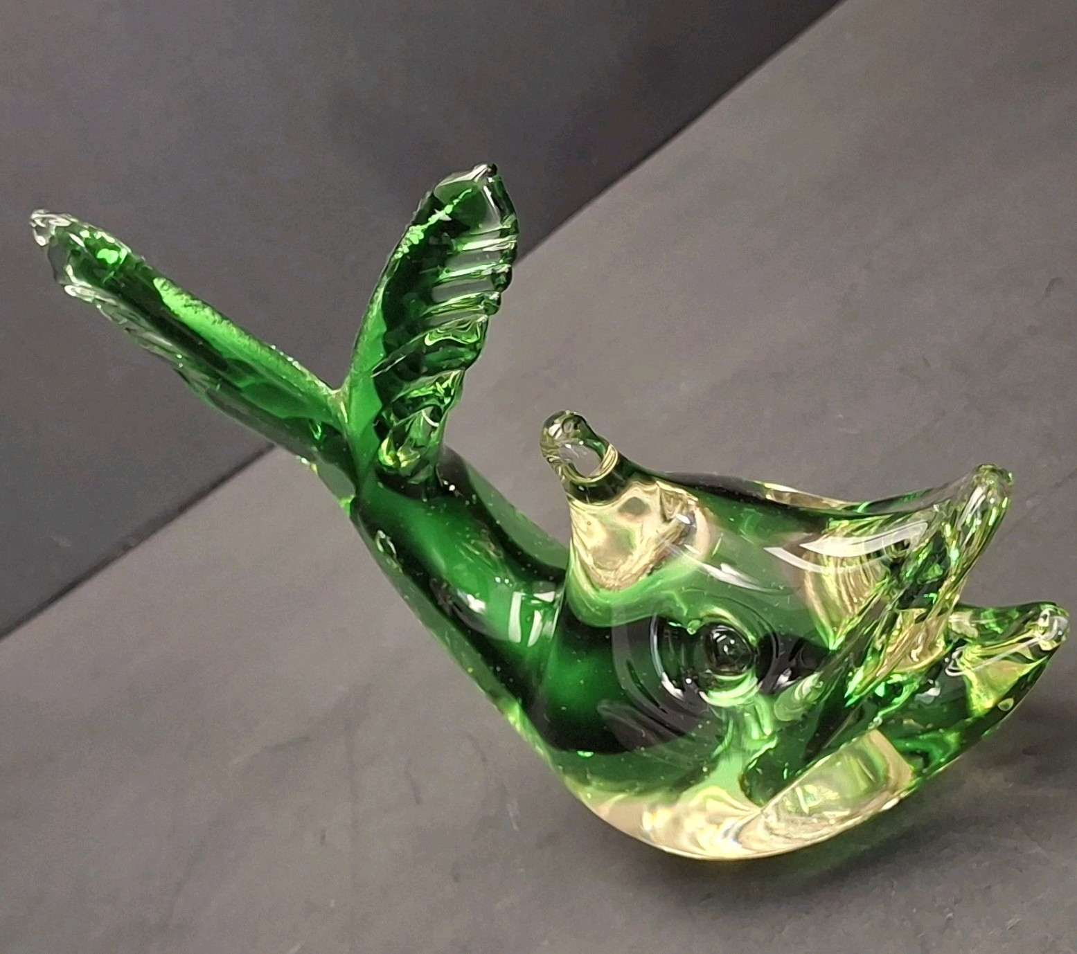 Vintage Green Glass Fish Sculpture Murano Paperweight Made in Italy Sunken Eyes