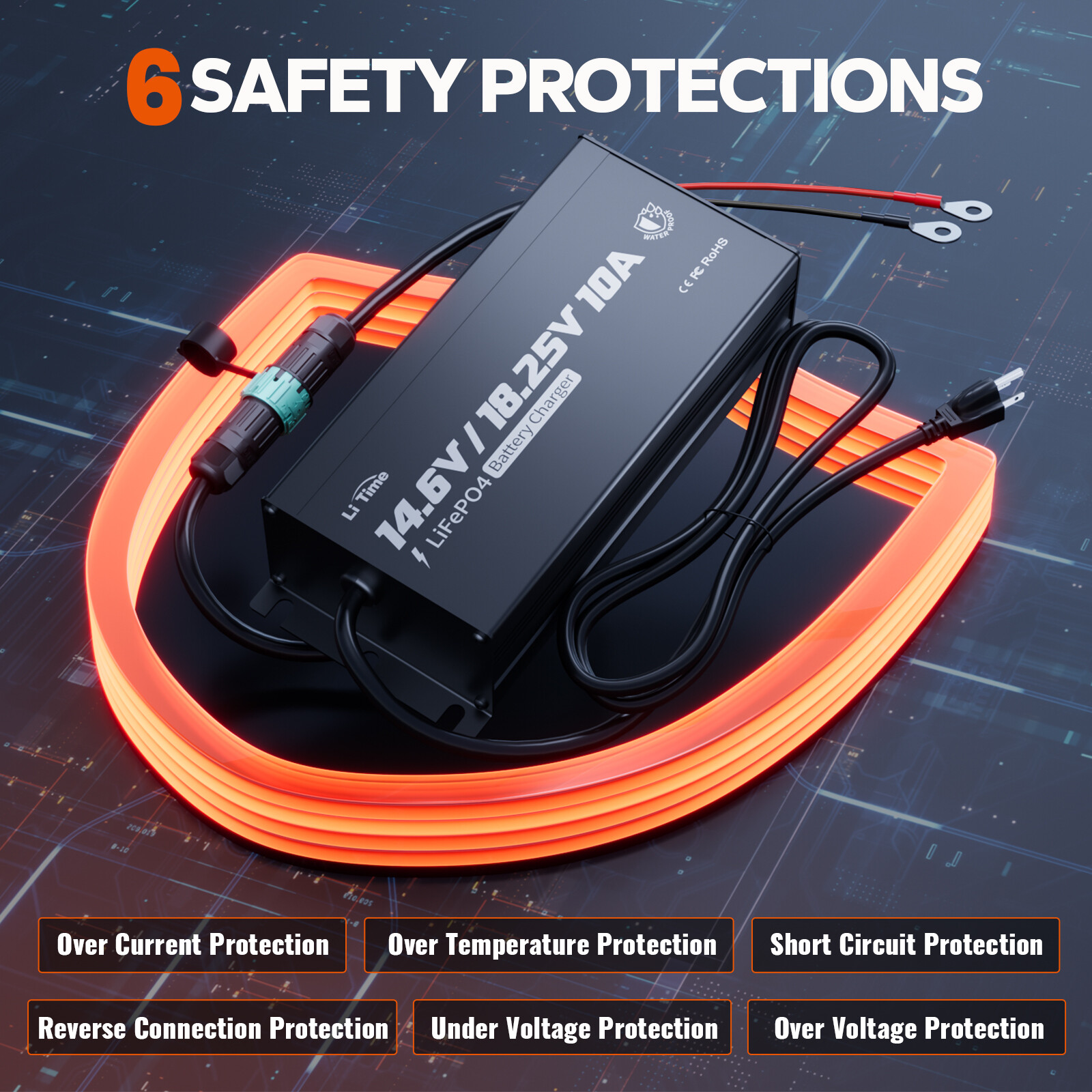 LiTime 14.6V/18.25V 10A Smart Waterproof Charger for 12.8V/16V LiFePO4 Battery