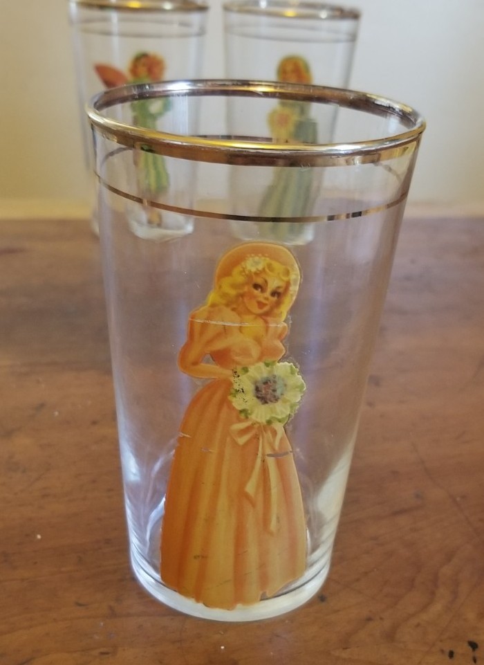 Set of 3 Vintage 1940s Peek-A-Boo Decal Pin Up Lady Girl Highball Glasses