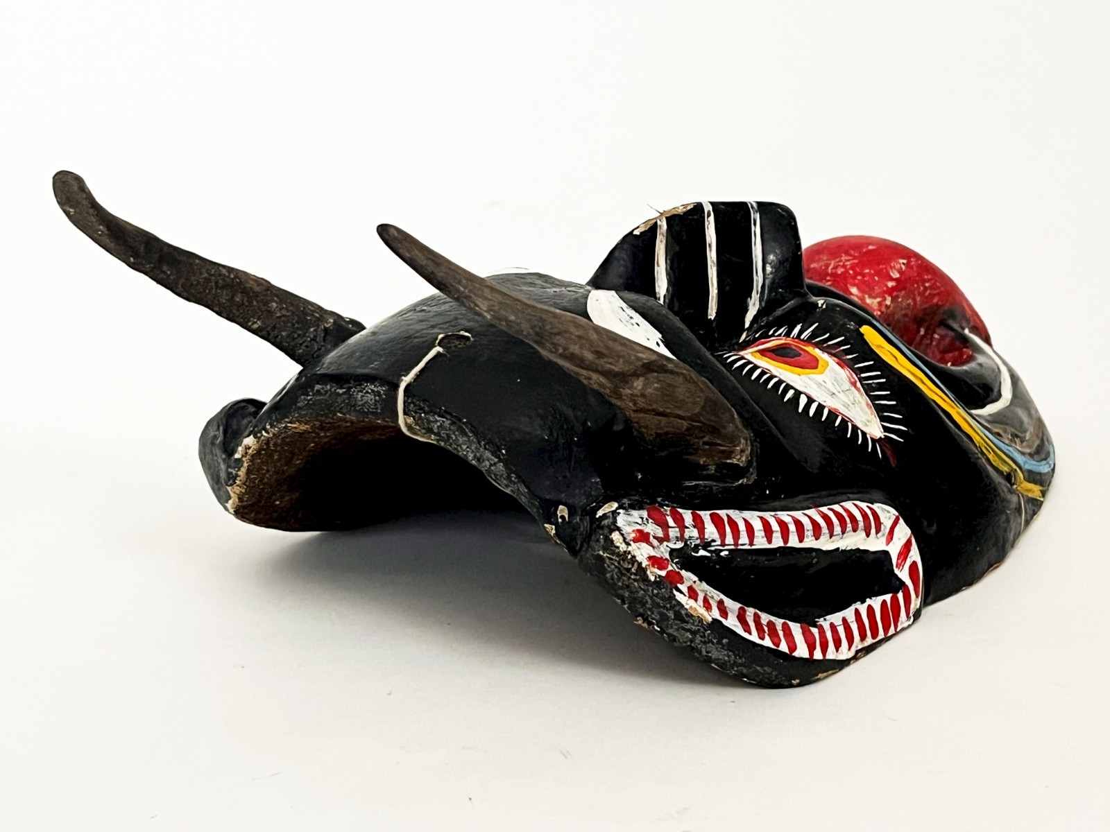 MEXICAN FOLK ART CARVED WOOD BLACK HORNED DIABLO DEVIL DEMON DANCE MASK 14 x 8"