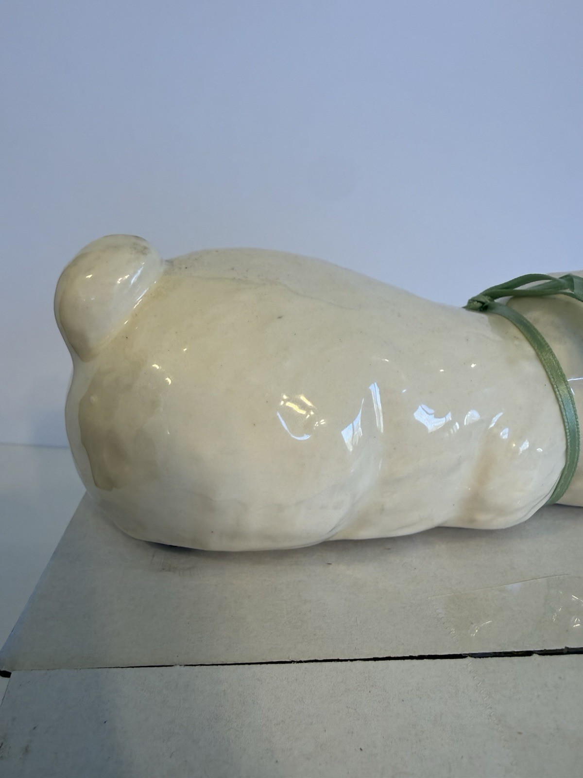 Vintage Ceramic Sleeping Bunny Shelf Sitter Hand-painted White Rabbit Ear Repair