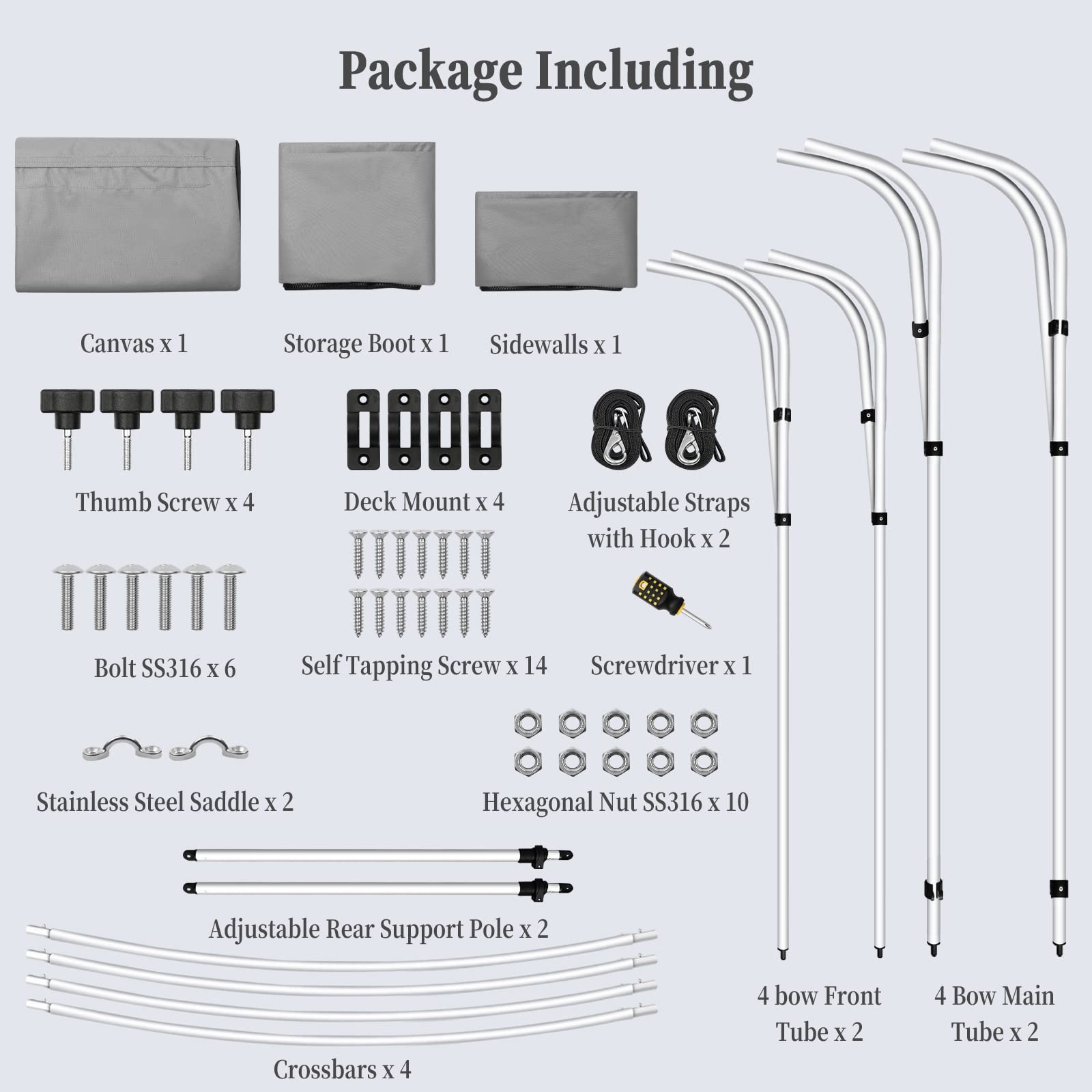 Boat Bimini Top 4 Bow Canopy Cover 8ft Long With Frame & Rear Poles & Sidewalls