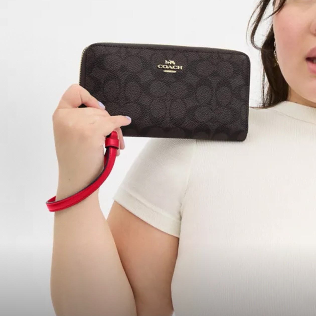 New Coach CW778 Long Zip Around Wallet in Signature Canvas Walnut and Bold Red