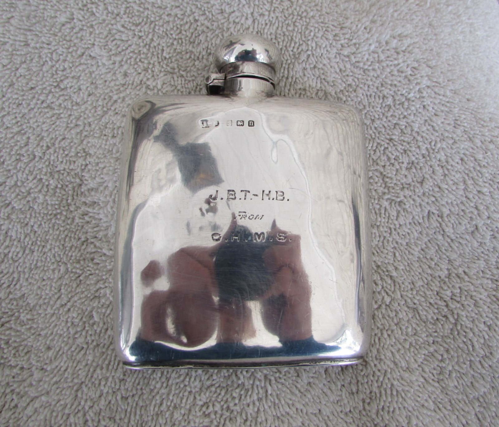 Vintage Sterling Silver 4x3 inch Hip Flask Engraved / has a Hallmark marking