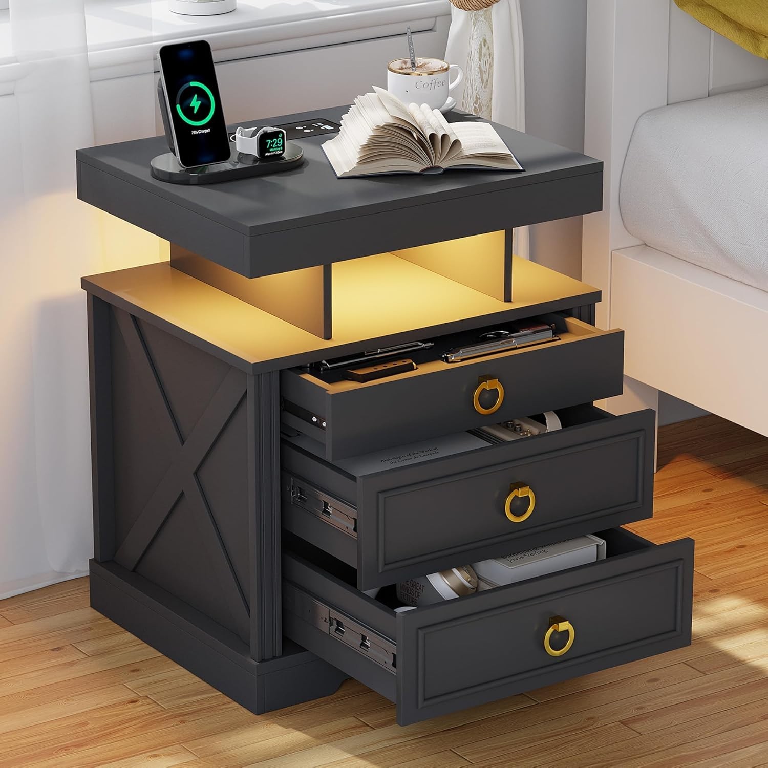 Gurexl Nightstand with Gun Drawers- End Table with Charging Station & LED Lights