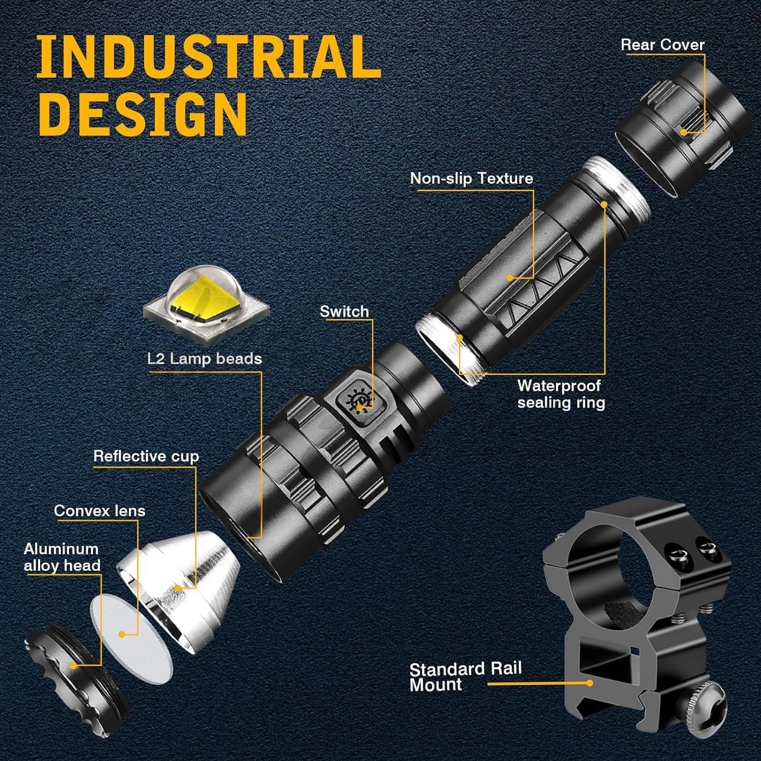 90000LM Tactical Police Gun Flashlight +Picatinny Rail Mount+Switch for Hunting