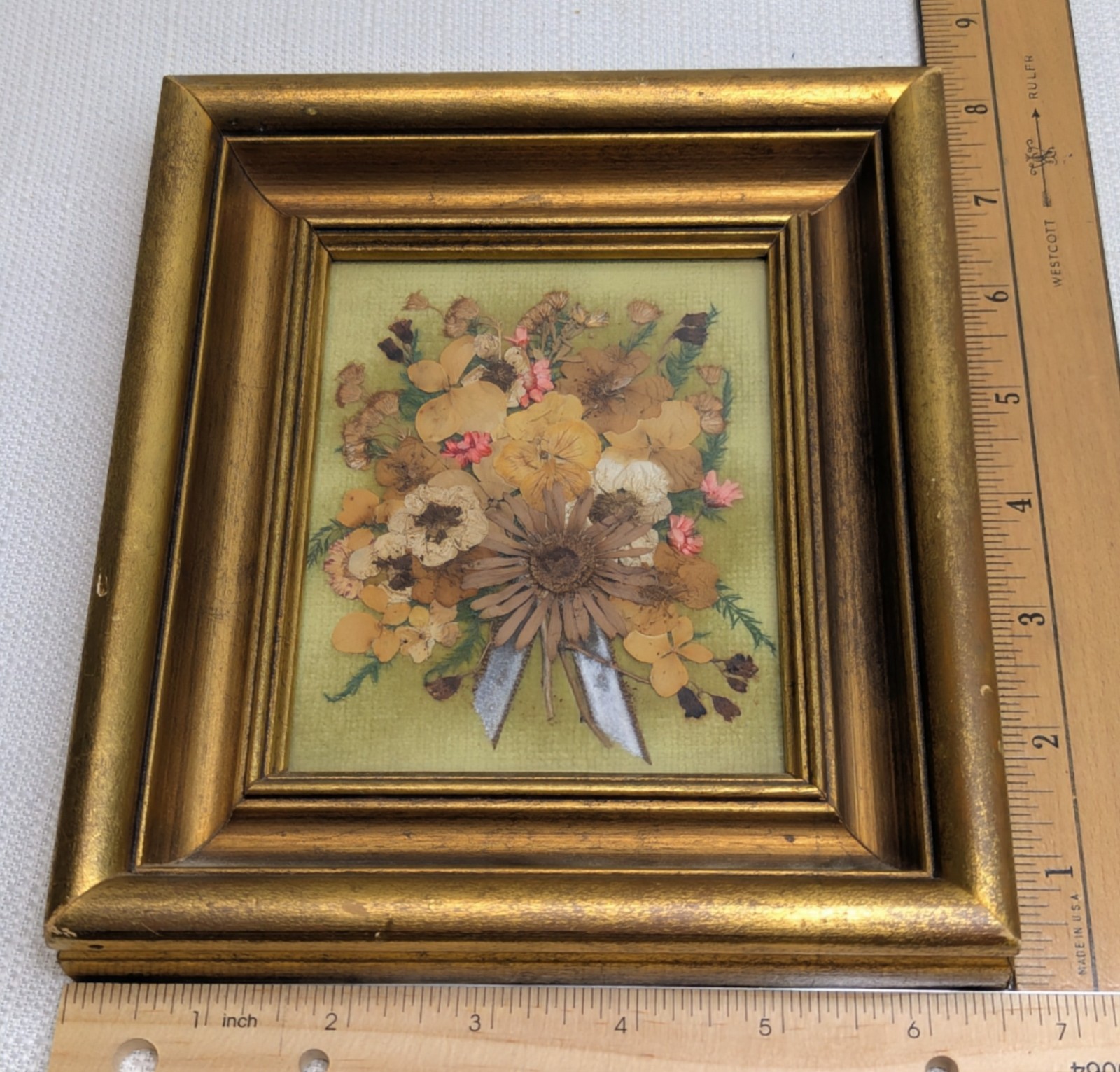 Vintage Dried Pressed Flowers Arranged With A Blue Ribbon In Gold Wood Frame