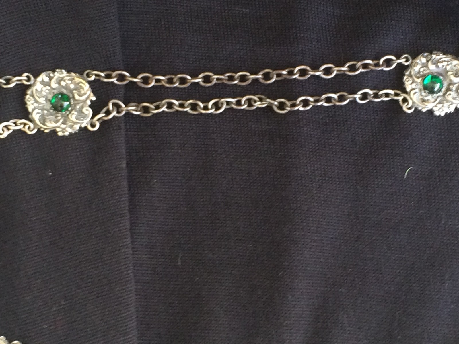 Antique Art Nouveau Victorian Belt SilverPlate Embossed Emerald Glass Stones 30"