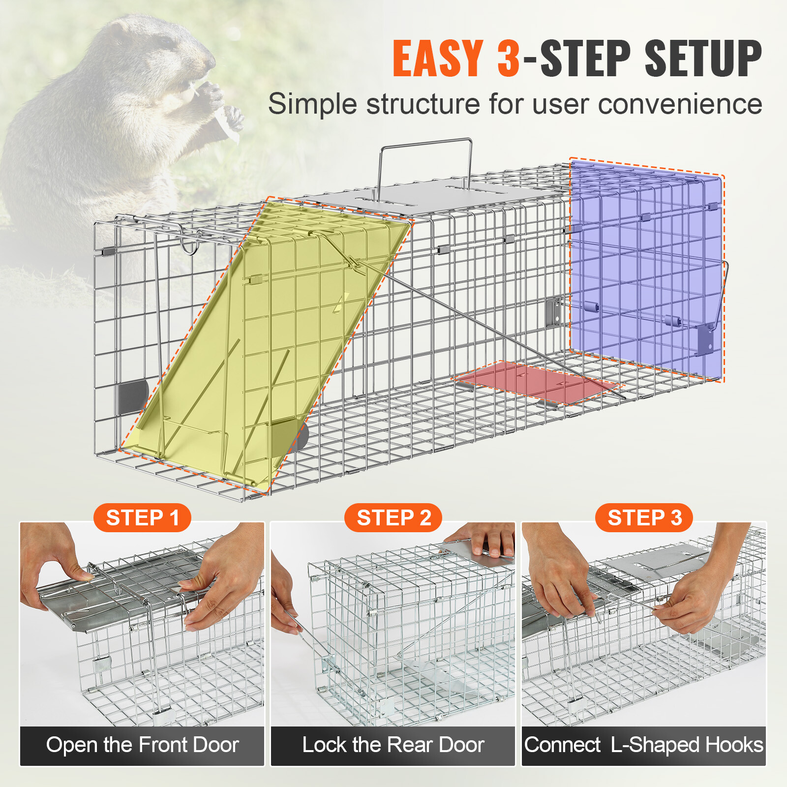 VEVOR Live Animal Cage Trap 24" x 8" x 8" Humane Cat Trap Cats Squirrels Mouse