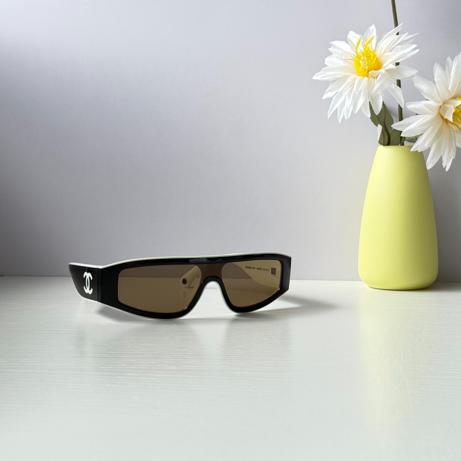 Chanel CH6057 Sunglasses Black/Beige Shield Wrap Brown Lens