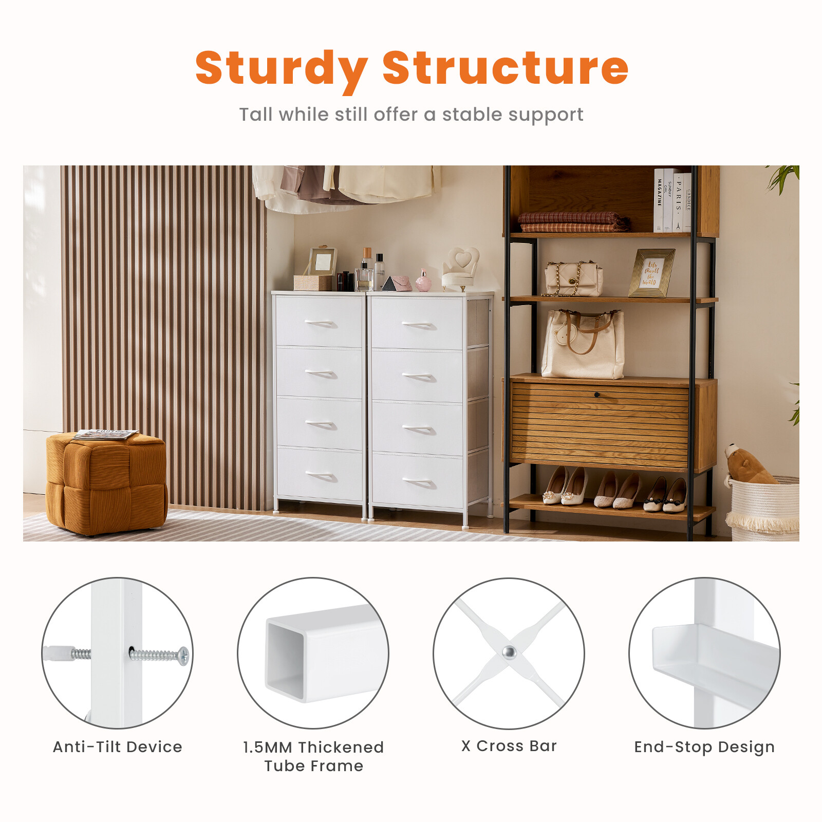 Skinny 4-Drawer Dresser - Fabric Storage Tower, Chest of Drawers for Bedroom