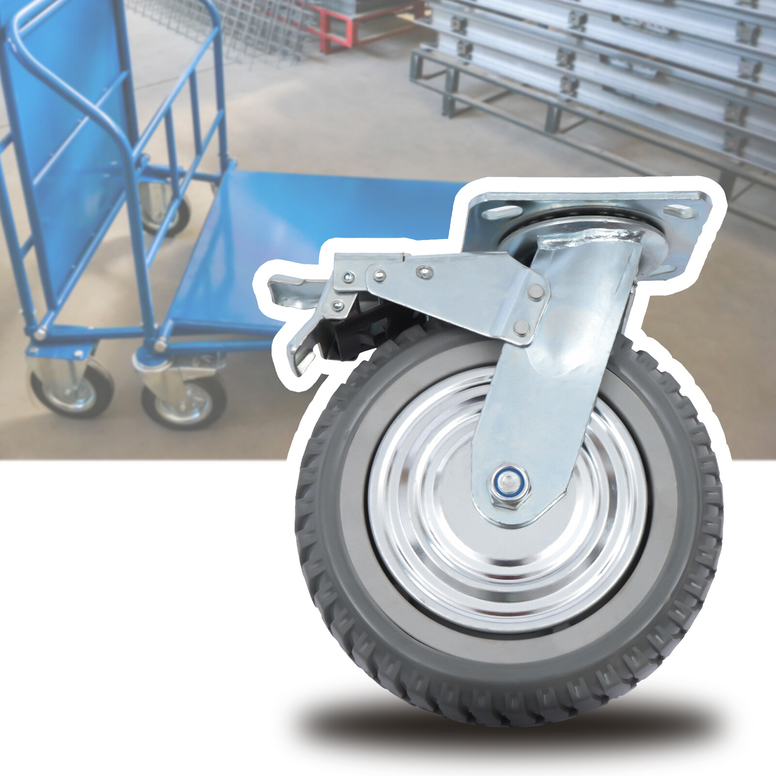 4PCs 8 inch Dustproof Handling Wheels Fixed+Brake Heavy Duty Solid Caster Wheels