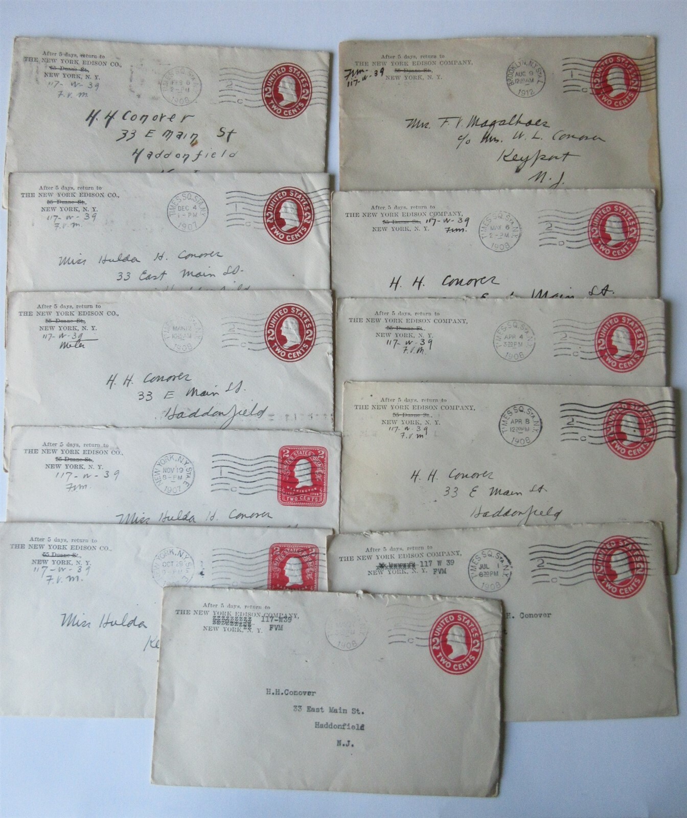 lot 11 envelopes 1907-1908 New York Edison Co. Times Square Station NY 2 cent
