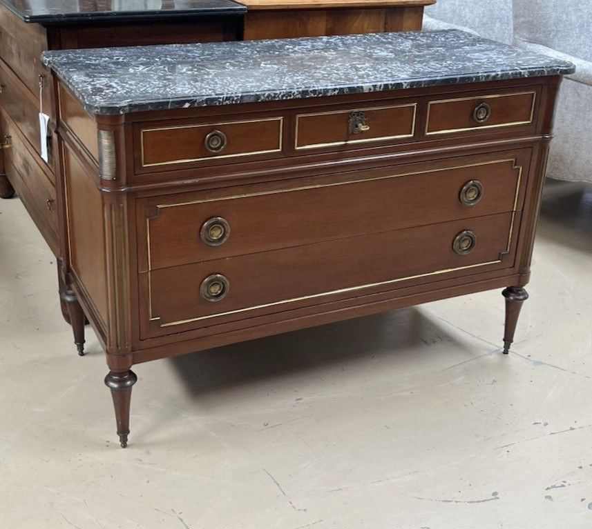 ANTIQUE FRENCH LOUIS XVI MARBLE-TOP MAHOGANY CHEST OF DRAWERS COMMODE