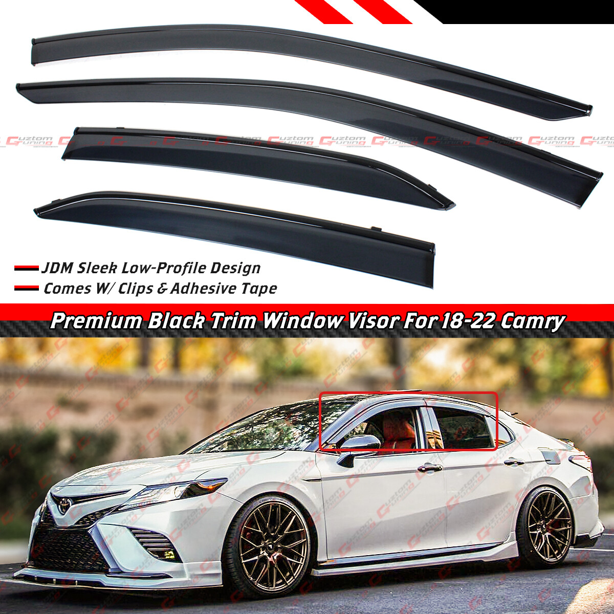 FOR 2018-2024 TOYOTA CAMRY CLIP-ON BLACK TRIM WINDOW VISOR RAIN GUARD DEFLECTOR