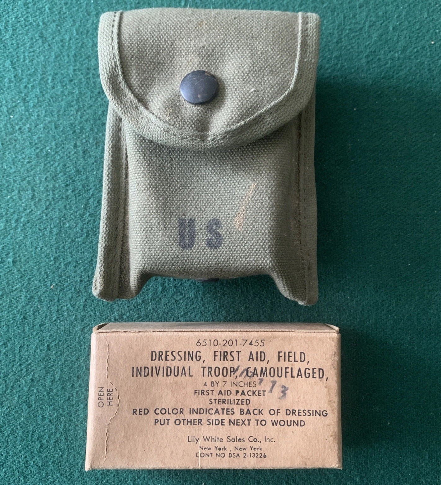 Vintage US Military Field Dressing First Aid Kit, Unopened w/ Canvas Pouch