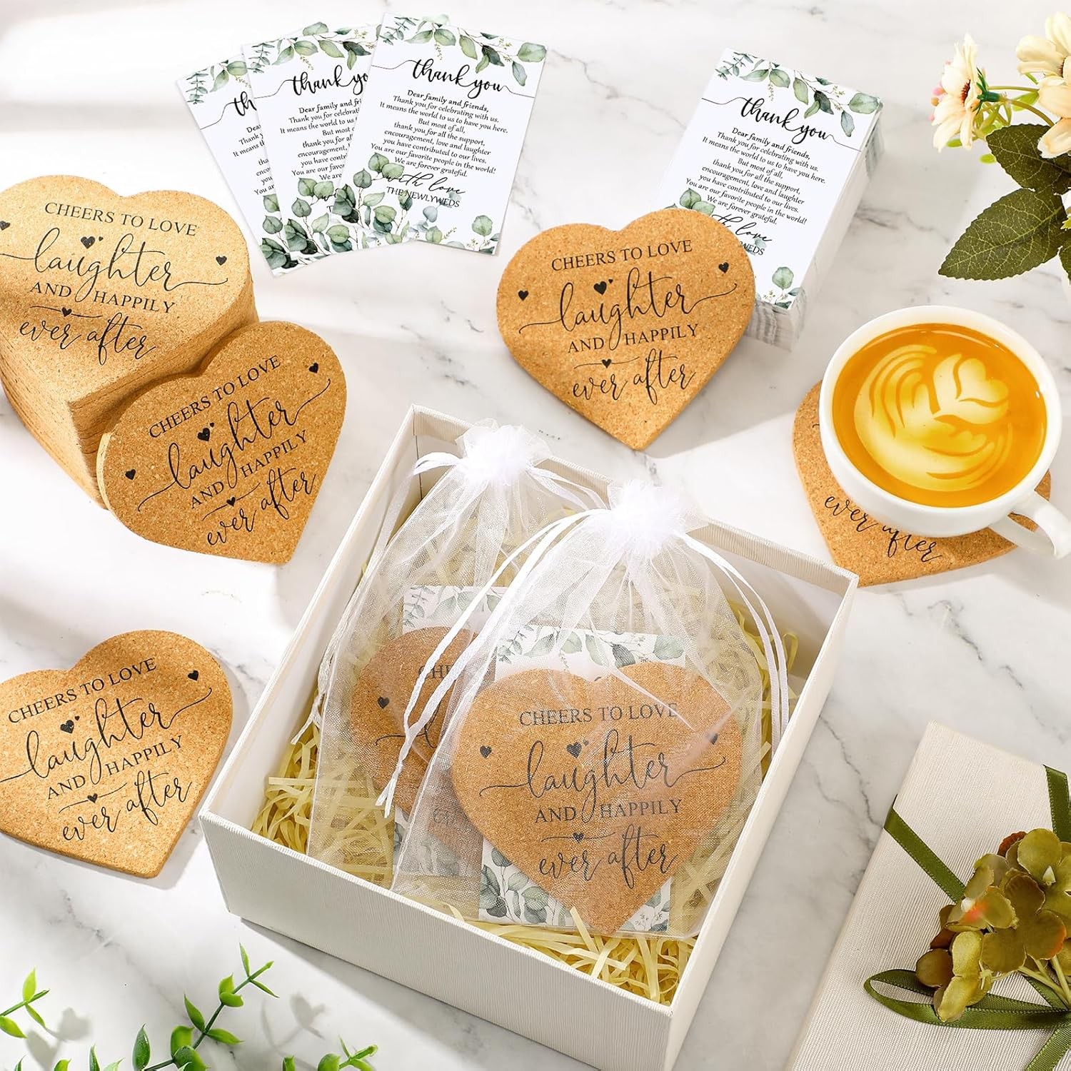 100 wedding favor sets, including guest coasters as gifts