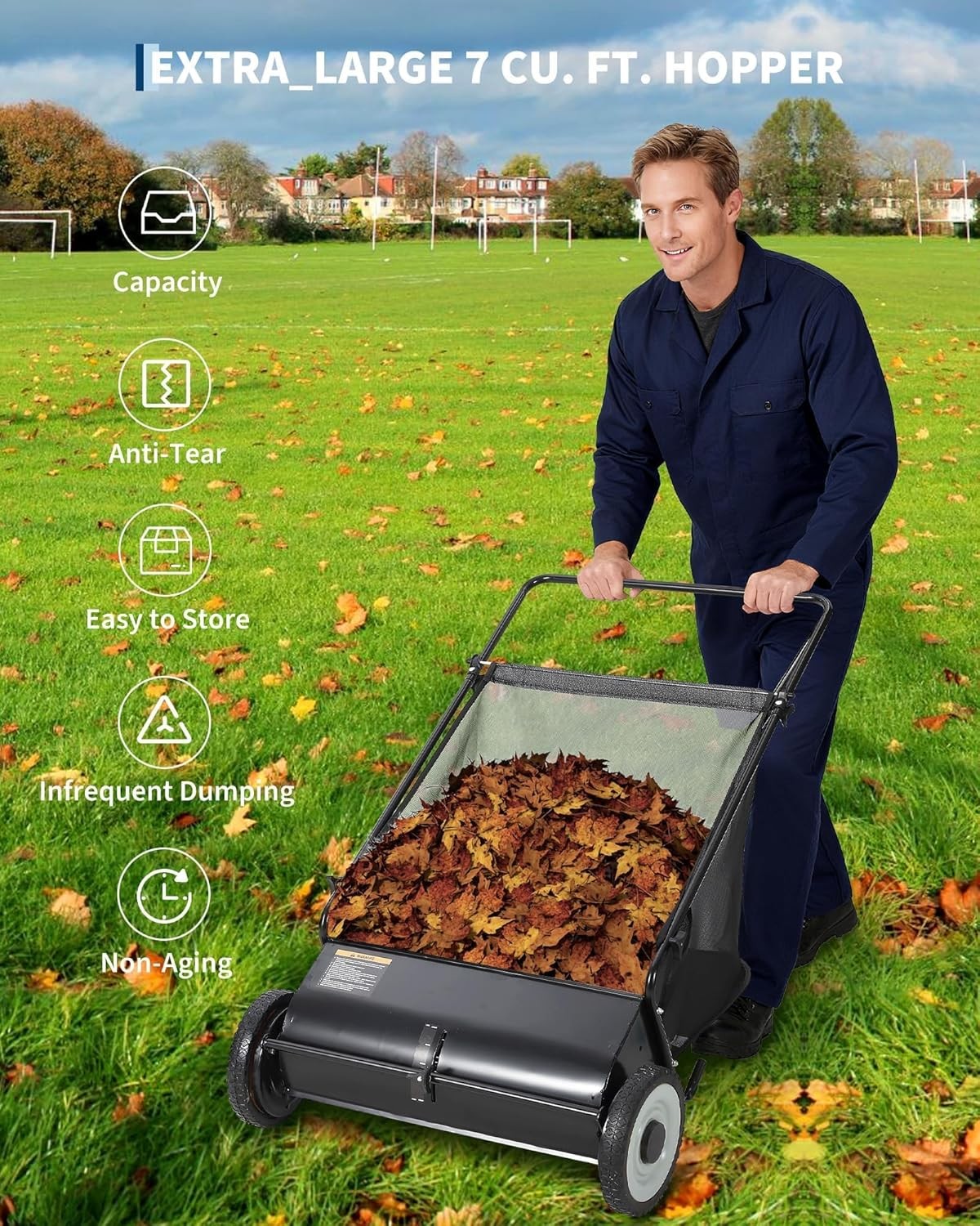 GRAVEE 26 Inch Push Lawn Sweeper 7 Cu Ft 4 Spinning Brush Adjustable Height