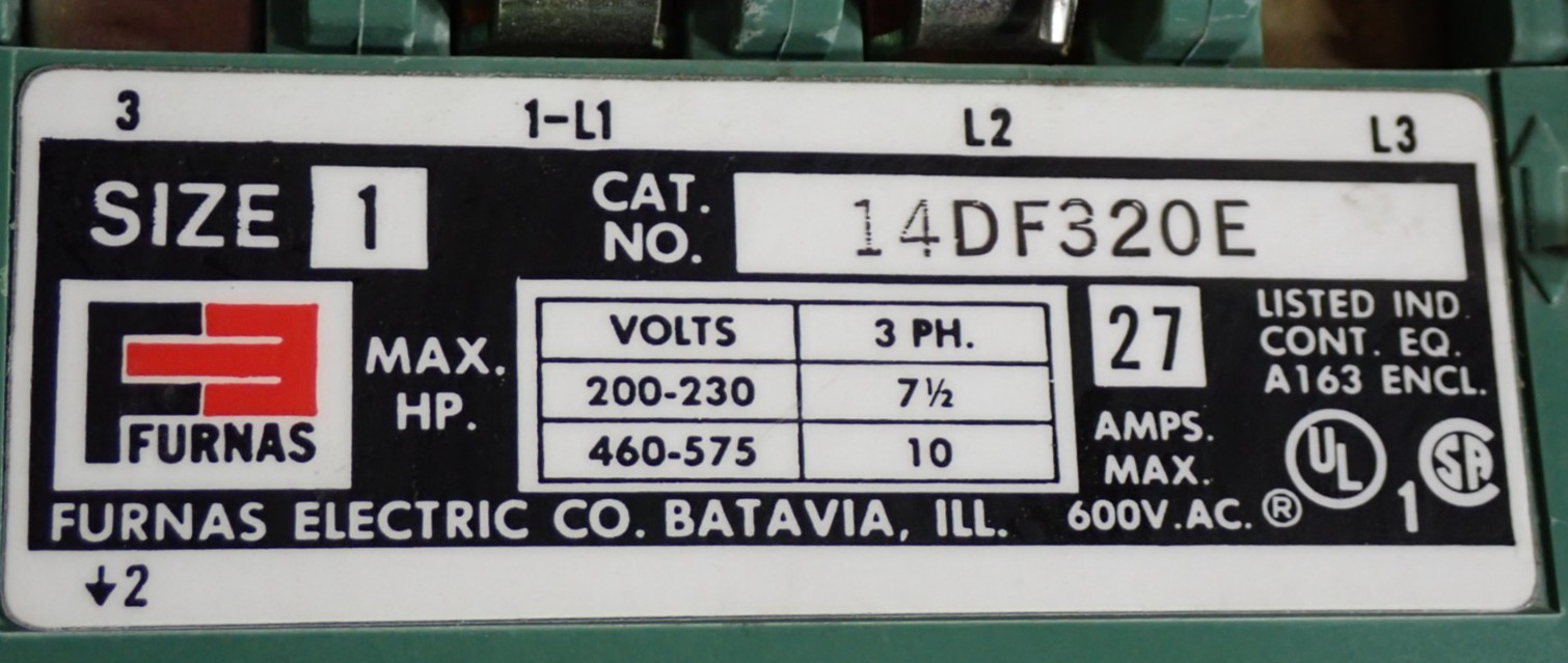 Furnas 14DF320E Size 1 Starter 27 Amp 600VAC w/ 550-600V Coil 10 HP TESTED S930