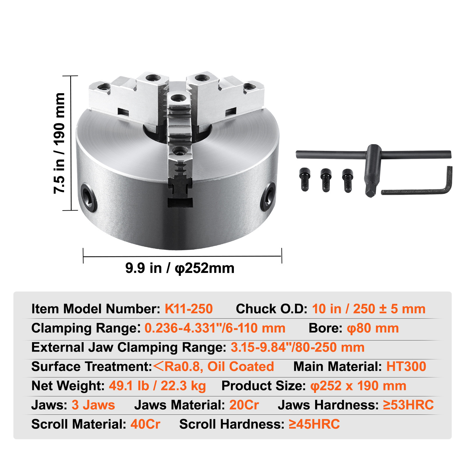 10'' 3-Jaw Lathe Chuck Self-Centering Lathe Chuck for Grinding Drilling