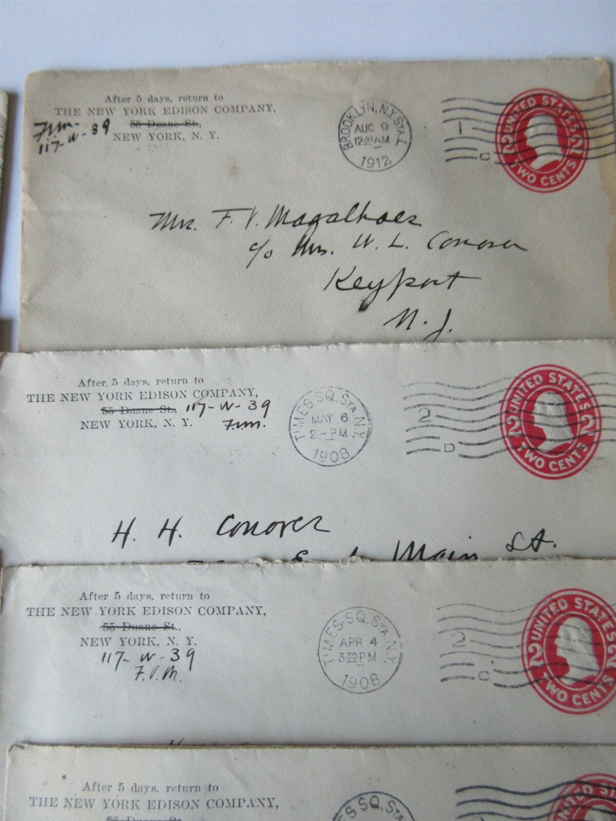 lot 11 envelopes 1907-1908 New York Edison Co. Times Square Station NY 2 cent