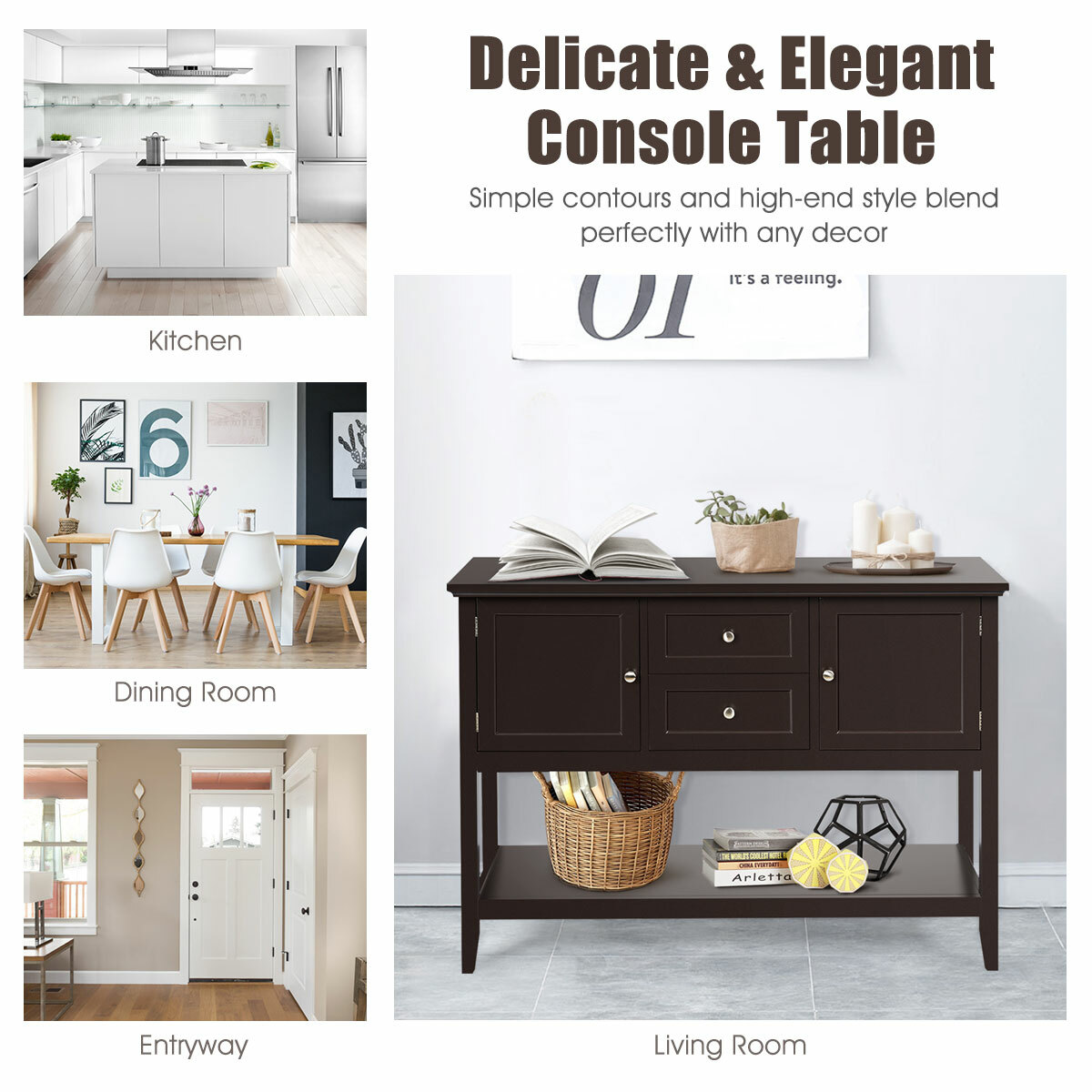 Costway Sideboard Buffet Table Wooden Console Table w/ Drawers & Cabinets Brown