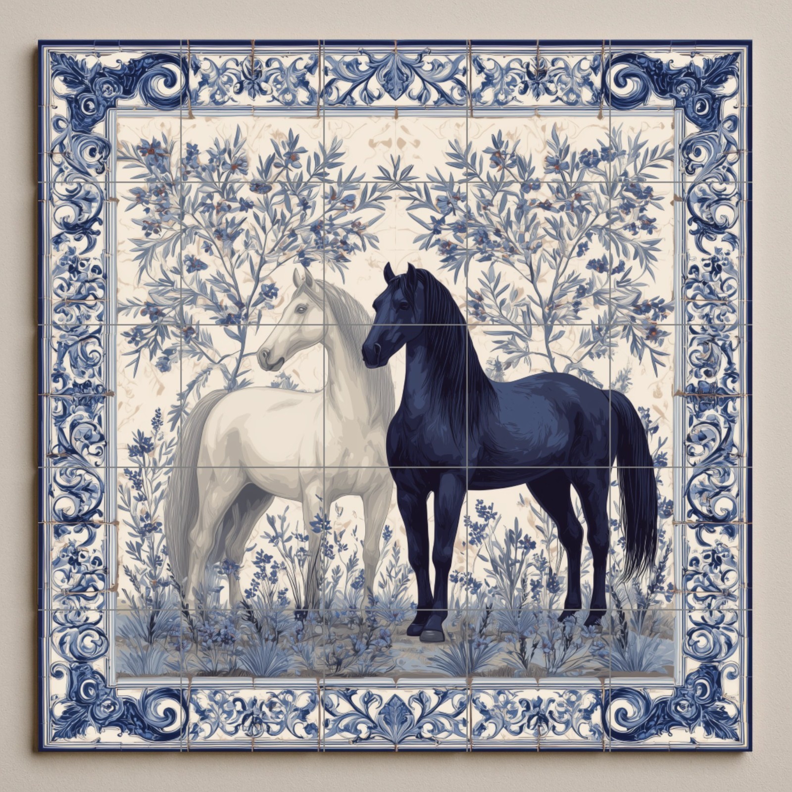 Equestrian Ceramic Tile Mural – Black & White Horses, Blue Floral Wall Art
