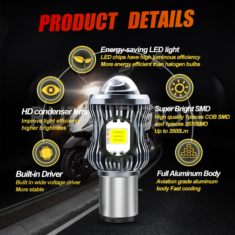 1pc BA20D H6 LED Motorcycle Headlight Bulb S1 S2 Hi Lo Beam DRL Lamp 10-80V