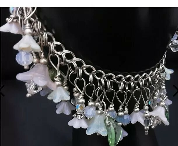 VTG Sterling Charm Braclet Pastel Dangle Opalescent Beads Flower Glass Lampwork
